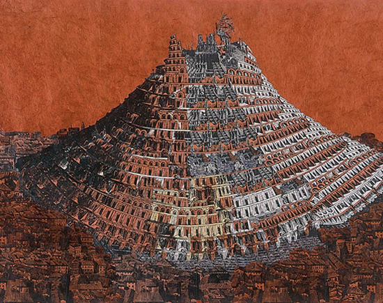 ANNE DESMET  Tour de Babel (Grès) Gravure sur bois, linogravure, flexographie, stylo noir et collage sur papier